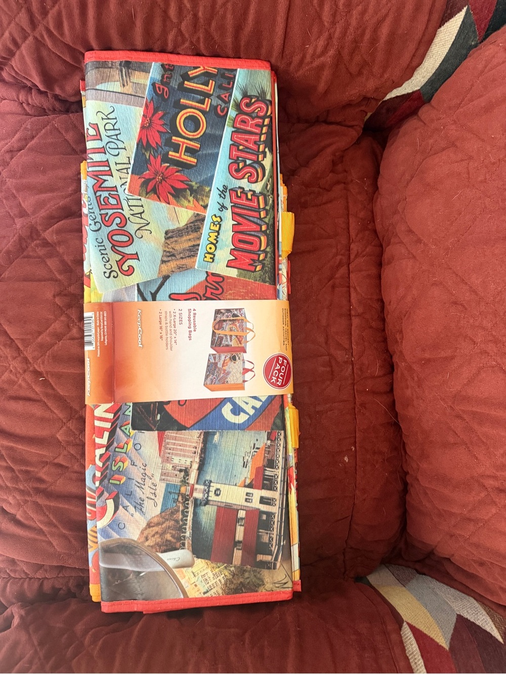 Reusable Foldable Tote Bag - Retro Postcard Print in Red & Multicolor - Picture 5 of 5
